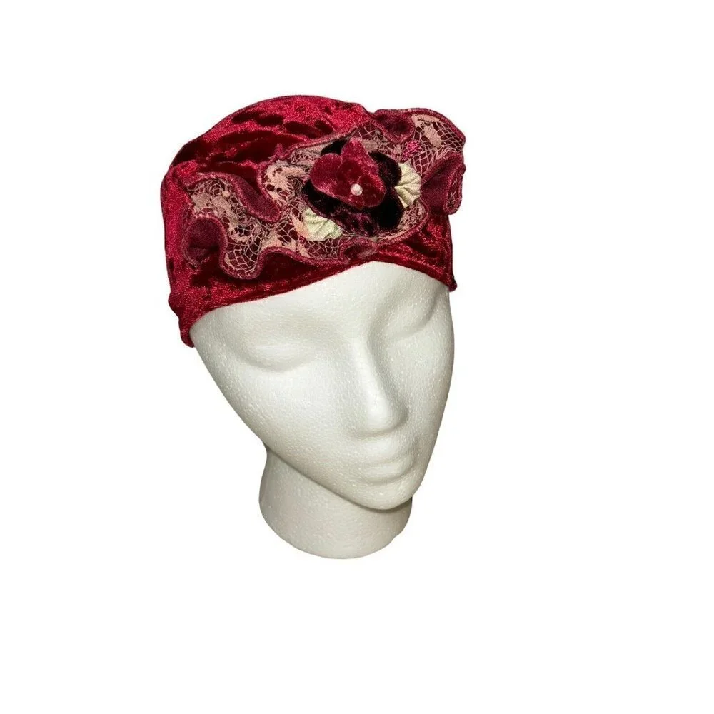 Bebemonde Girl's L Large Turban Hat Red Velvet Floral Applique Ruffle Front NWT